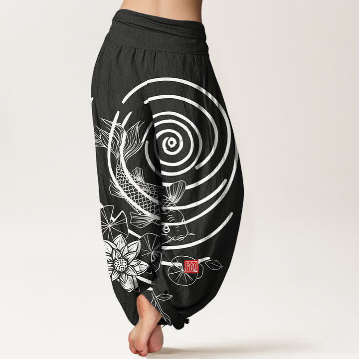 Buddha Stones Cotton Koi Fish Lotus Pattern Women's Elastic Waist Harem Pants - image 9