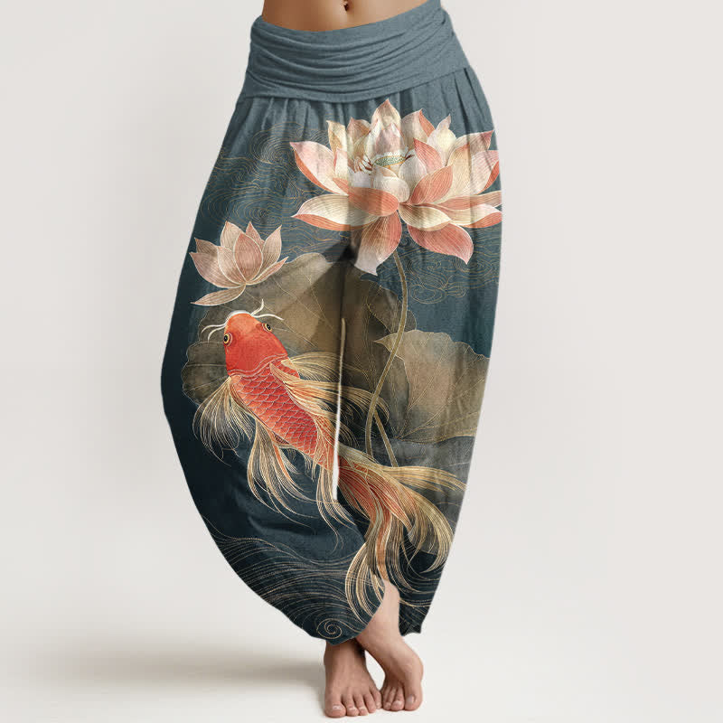 Buddha Stones Cotton Elegant Golden Koi Fish Lotus Pattern Women's Elastic Waist Harem Pants - Teal - US16，UK/AU20，EU48 (3XL) - image 0