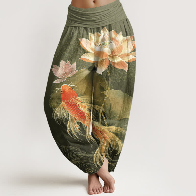 Buddha Stones Cotton Elegant Golden Koi Fish Lotus Pattern Women's Elastic Waist Harem Pants - Olive - US16，UK/AU20，EU48 (3XL) - image 5