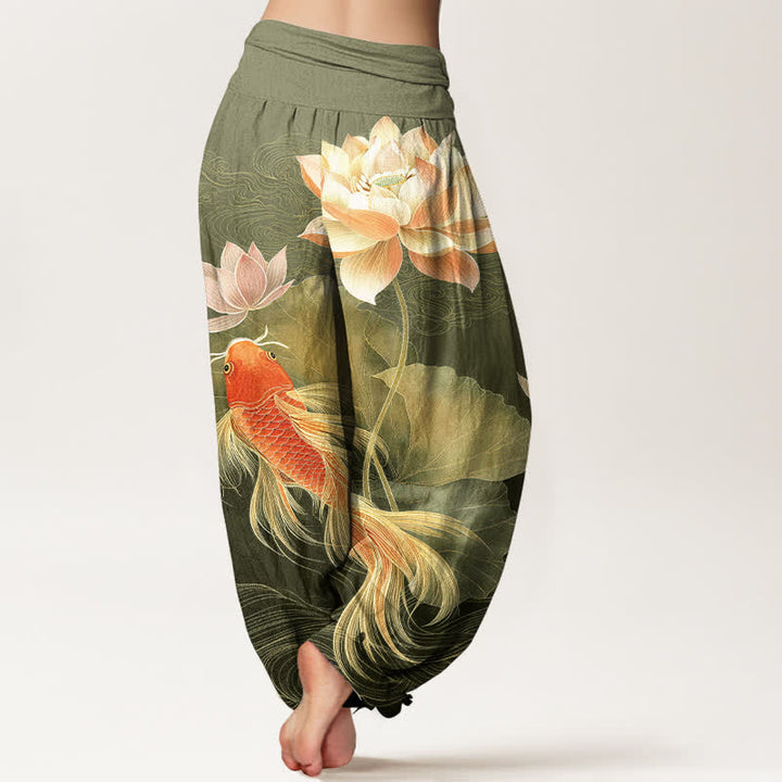 Buddha Stones Cotton Elegant Golden Koi Fish Lotus Pattern Women's Elastic Waist Harem Pants - image 6