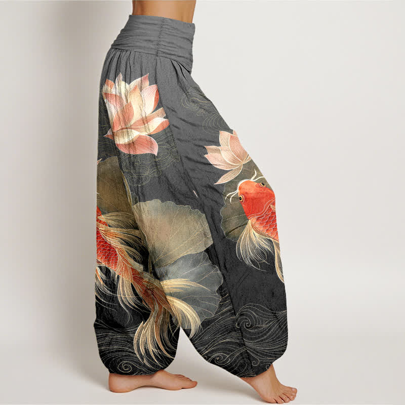 Buddha Stones Cotton Elegant Golden Koi Fish Lotus Pattern Women's Elastic Waist Harem Pants - image 10