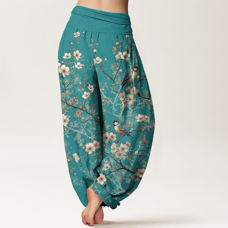 Buddha Stones Cotton Bird Blossom Branch Pattern Women's Elastic Waist Harem Pants - image 1