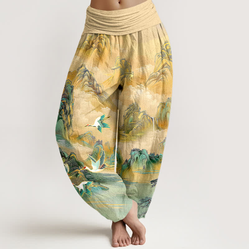 Buddha Stones Cotton Oriental Landscape Red-crowned Crane Pattern Women's Elastic Waist Harem Pants - Wheat - US16，UK/AU20，EU48 (3XL) - image 0