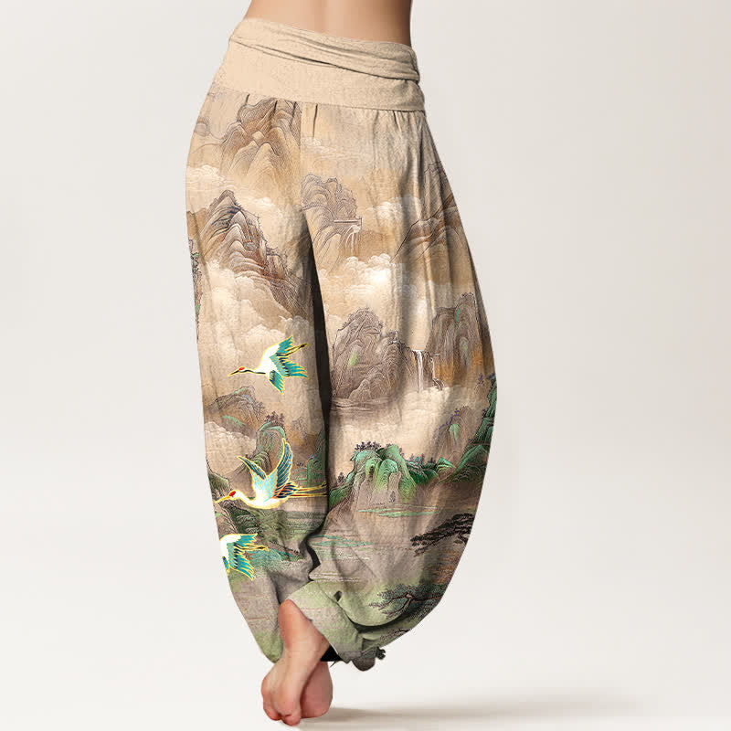 Buddha Stones Cotton Oriental Landscape Red-crowned Crane Pattern Women's Elastic Waist Harem Pants - image 6