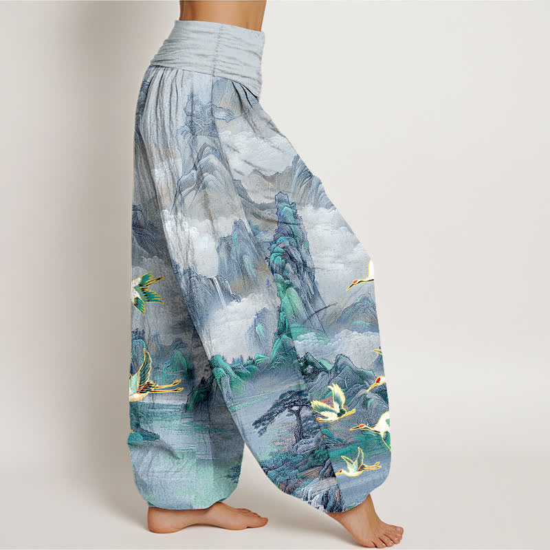 Buddha Stones Cotton Oriental Landscape Red-crowned Crane Pattern Women's Elastic Waist Harem Pants - image 10