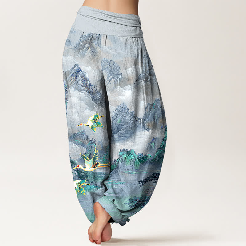 Buddha Stones Cotton Oriental Landscape Red-crowned Crane Pattern Women's Elastic Waist Harem Pants - image 9
