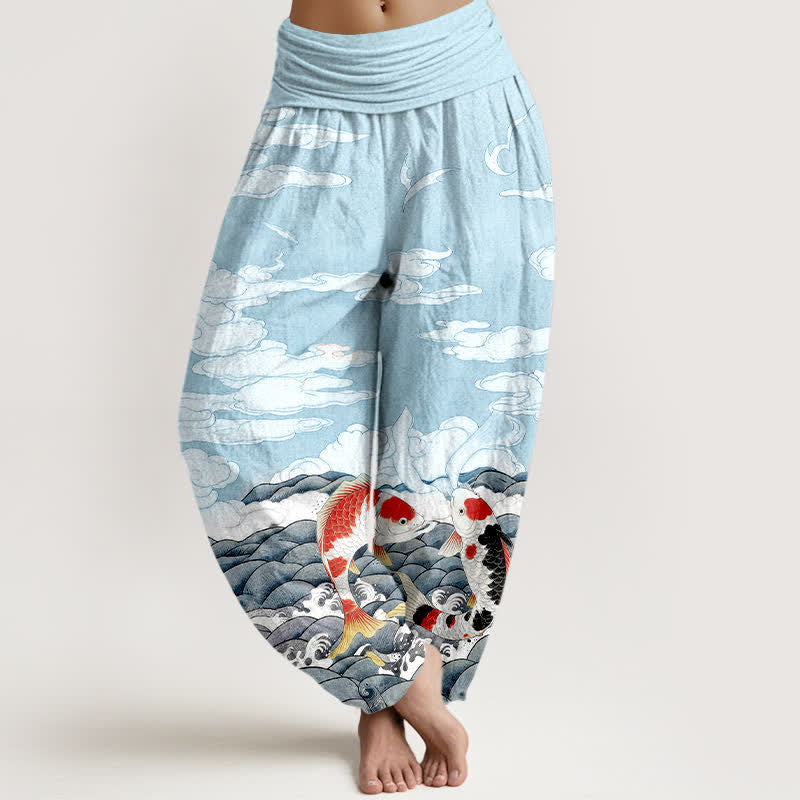 Buddha Stones Cotton Koi Fish Wave Cloud Pattern Women's Elastic Waist Harem Pants - PaleTurquoise - US16，UK/AU20，EU48 (3XL) - image 0