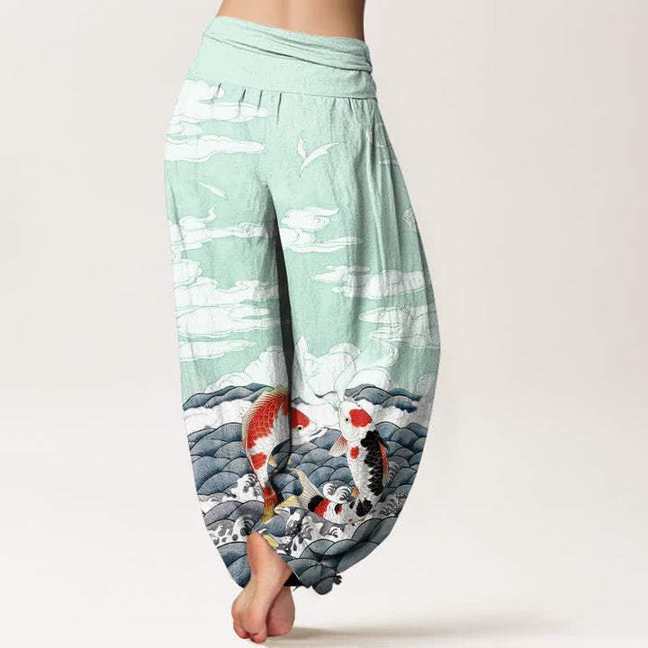Buddha Stones Cotton Koi Fish Wave Cloud Pattern Women's Elastic Waist Harem Pants - image 6