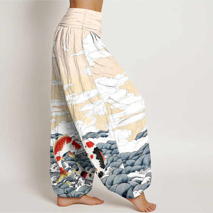Buddha Stones Cotton Koi Fish Wave Cloud Pattern Women's Elastic Waist Harem Pants - image 10