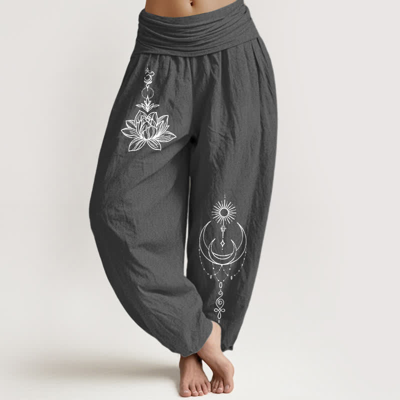 Buddha Stones Pure Cotton Lotus Moon Sun Pattern Women's Elastic Waist Harem Pants - DimGray - US16，UK/AU20，EU48 (3XL) - image 8