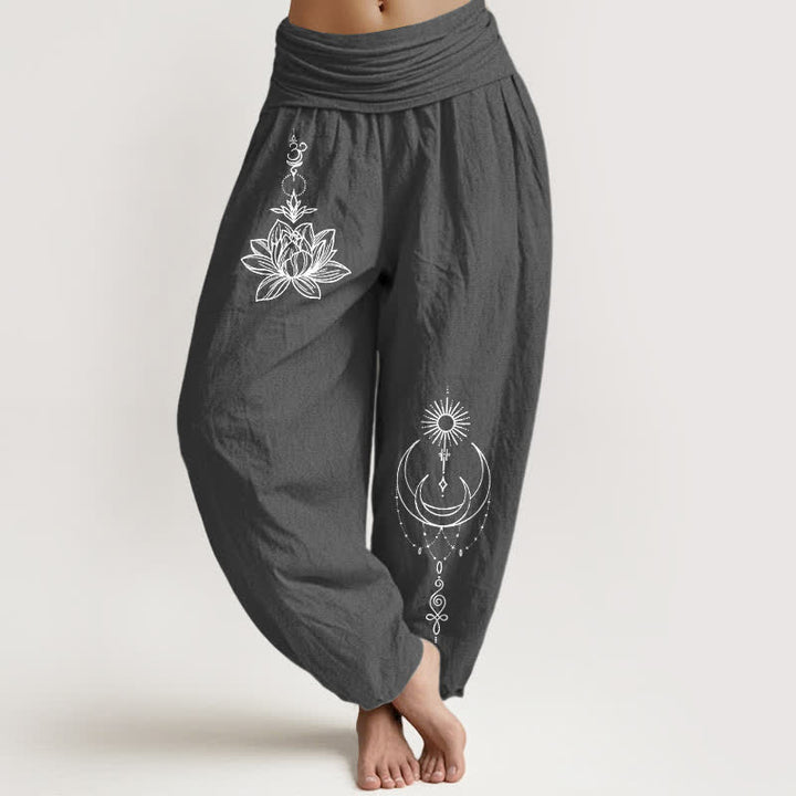 Buddha Stones Pure Cotton Lotus Moon Sun Pattern Women's Elastic Waist Harem Pants - DimGray - US16，UK/AU20，EU48 (3XL) - image 8