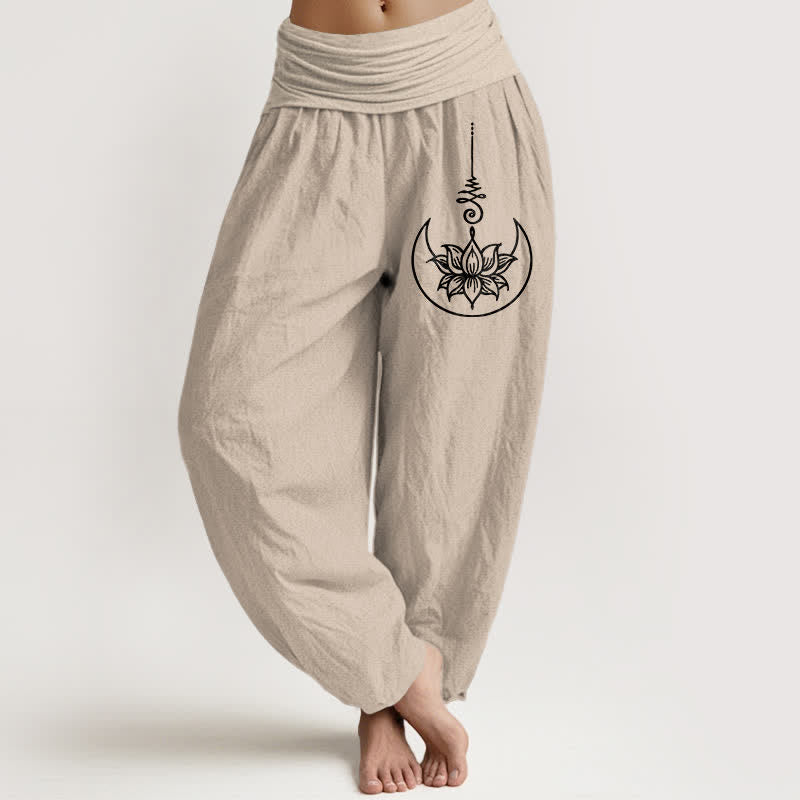 Buddha Stones Pure Cotton Sacred Lotus Moon Pattern Women's Elastic Waist Harem Pants - Tan - US16，UK/AU20，EU48 (3XL) - image 14