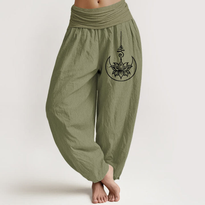 Buddha Stones Pure Cotton Sacred Lotus Moon Pattern Women's Elastic Waist Harem Pants - OliveDrab - US16，UK/AU20，EU48 (3XL) - image 11