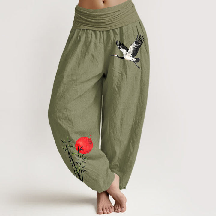 Buddha Stones Pure Cotton Flying Crane Red Sun Pattern Women's Elastic Waist Harem Pants - OliveDrab - US16，UK/AU20，EU48 (3XL) - image 8