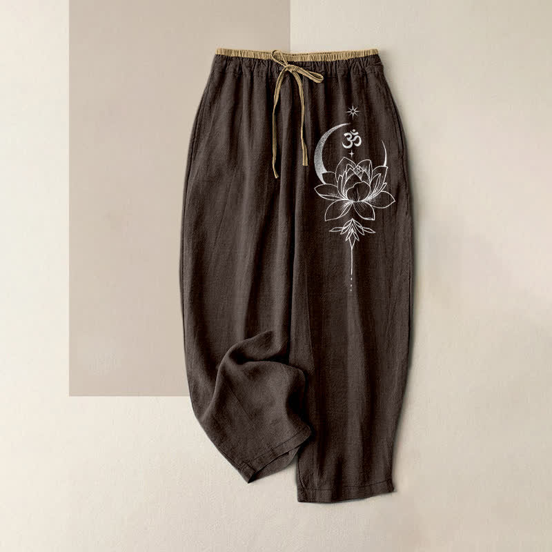 Buddha Stones Pure Cotton Lotus Moon Om Pattern Women's Elastic Waist Pants With Pockets - SaddleBrown - US16，UK/AU20，EU48 (3XL) - image 4