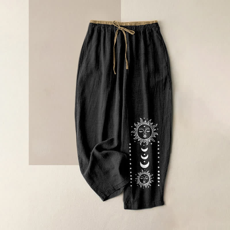 Buddha Stones Pure Cotton Mystic Sun Face Pattern Women's Elastic Waist Pants With Pockets - Black - US16，UK/AU20，EU48 (3XL) - image 0