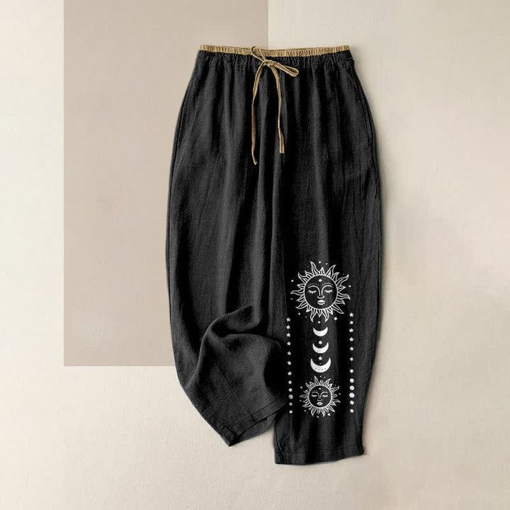 Buddha Stones Pure Cotton Mystic Sun Face Pattern Women's Elastic Waist Pants With Pockets - Black - US16，UK/AU20，EU48 (3XL) - image 0