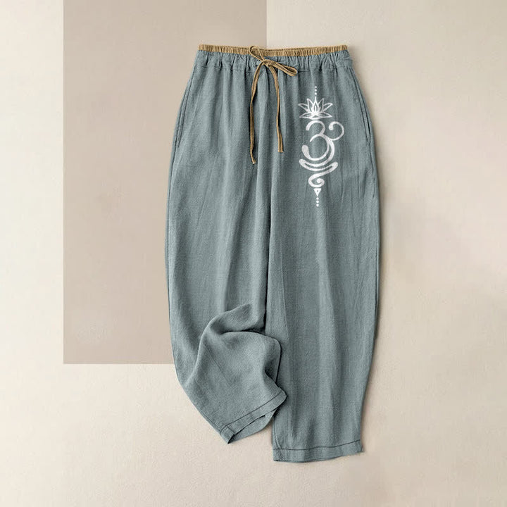 Buddha Stones Pure Cotton Spiritual Om Lotus Pattern Women's Elastic Waist Pants With Pockets - LightBlue - US16，UK/AU20，EU48 (3XL) - image 5