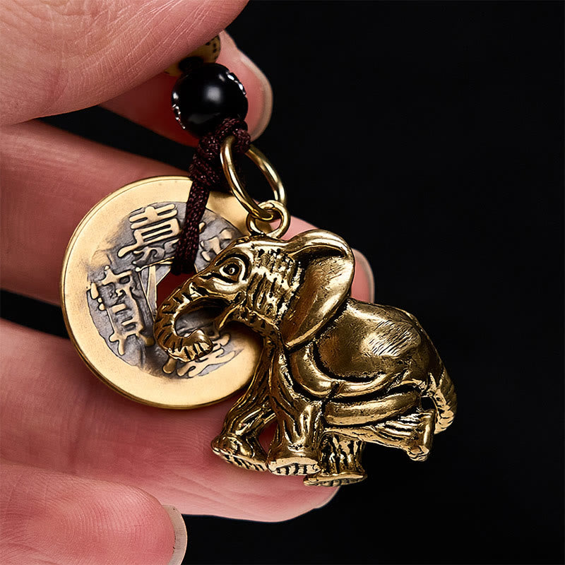Buddha Stones Vintage Brass Elephant Five Emperor Coins Luck Keychains - image 14