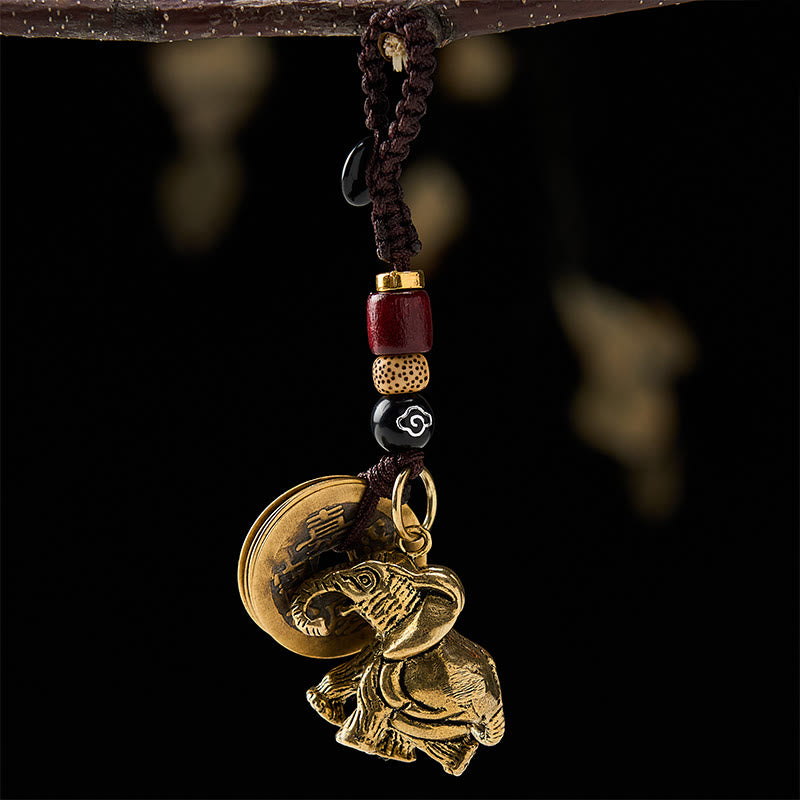 Buddha Stones Vintage Brass Elephant Five Emperor Coins Luck Keychains - Elephant With Auspicious Cloud Cord And Five Emperor Coins - image 10