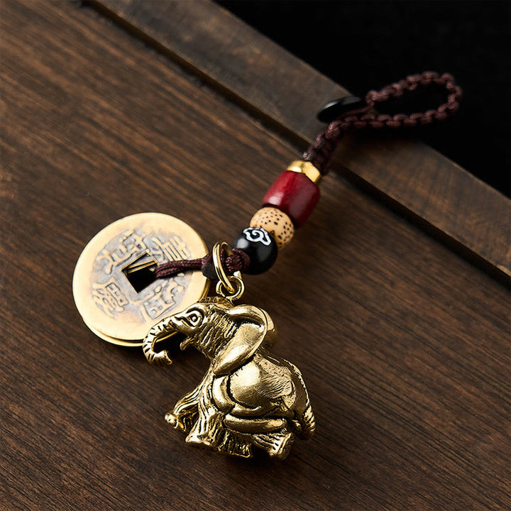 Buddha Stones Vintage Brass Elephant Five Emperor Coins Luck Keychains - image 11