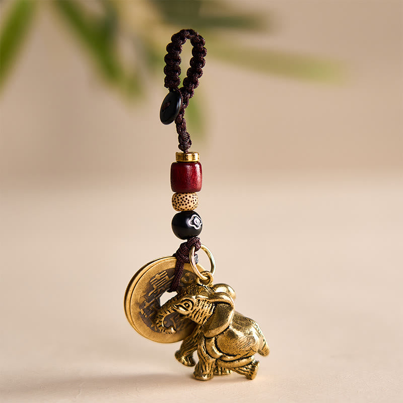 Buddha Stones Vintage Brass Elephant Five Emperor Coins Luck Keychains - image 13