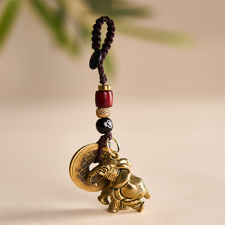 Buddha Stones Vintage Brass Elephant Five Emperor Coins Luck Keychains - image 13