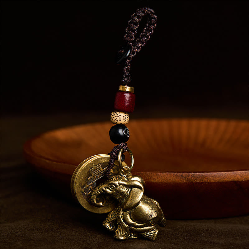 Buddha Stones Vintage Brass Elephant Five Emperor Coins Luck Keychains - image 12