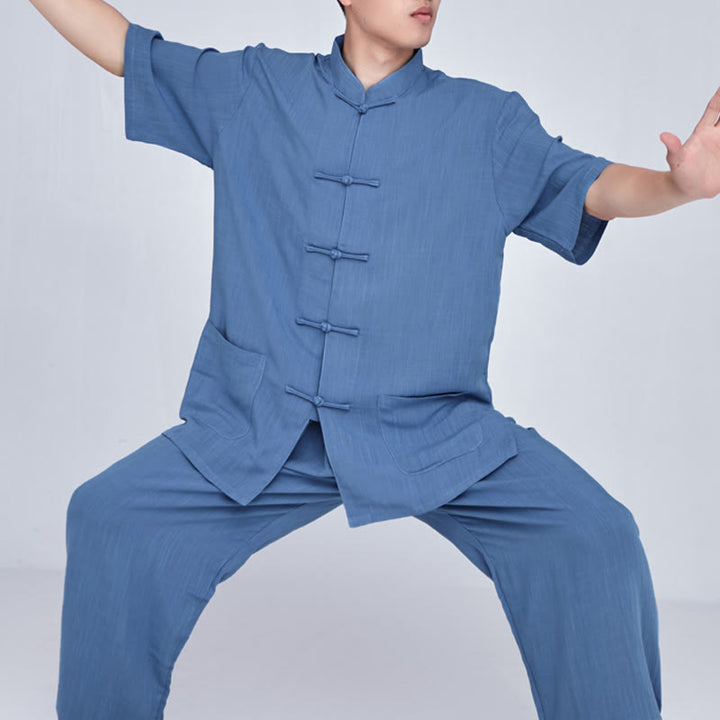Buddha Stones Meditation Zen Prayer Spiritual Tai Chi Qigong Practice Unisex Embroidery Clothing Set - Short Sleeve Blue - US14，UK/AU18，EU46 (3XL) - image 28