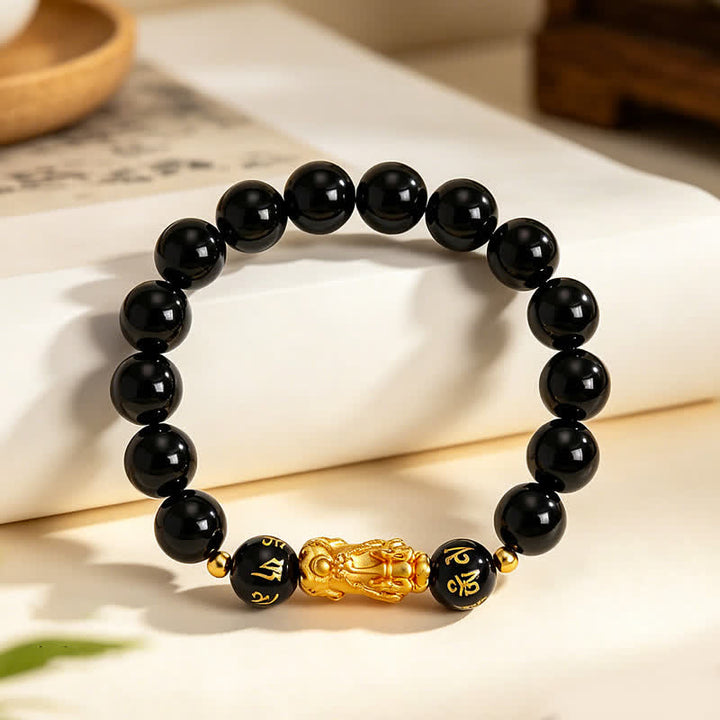 Buddha Stones Black Obsidian Chalcedony Pi Xiu Om Mani Padme Hum Purification Bracelet - image 1
