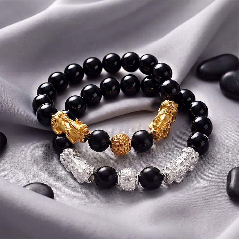 Buddha Stones Black Obsidian Copper Double Pi Xiu Om Mani Padme Hum Wisdom Bracelet - image 16