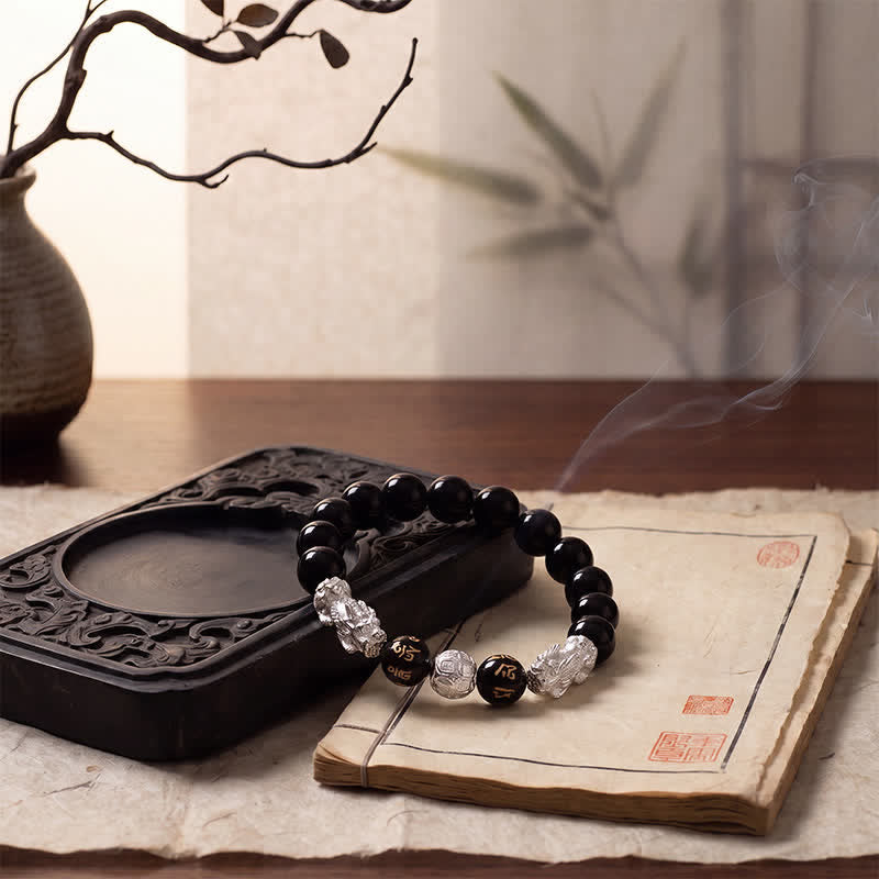 Buddha Stones Black Obsidian Copper Double Pi Xiu Om Mani Padme Hum Wisdom Bracelet - image 12