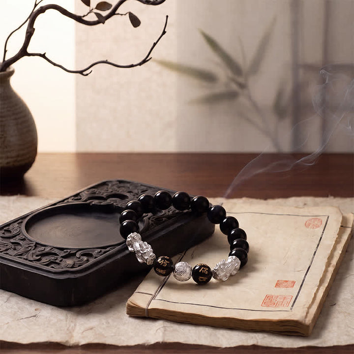 Buddha Stones Black Obsidian Copper Double Pi Xiu Om Mani Padme Hum Wisdom Bracelet - image 12