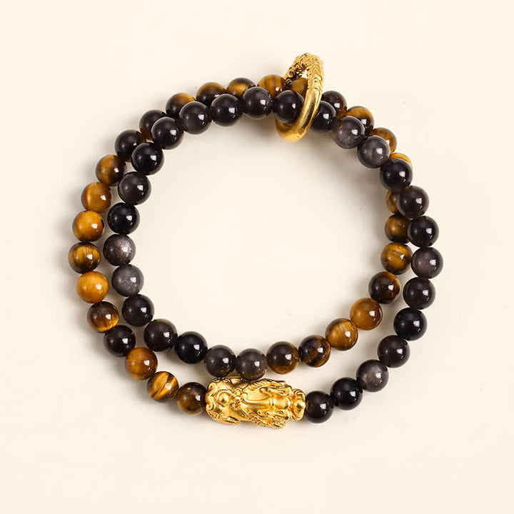 Buddha Stones Tiger Eye Silver Sheen Obsidian Pi Xiu Double Wrap Auspicioisness Bracelet - Tiger Eye Gold Pi Xiu - image 2
