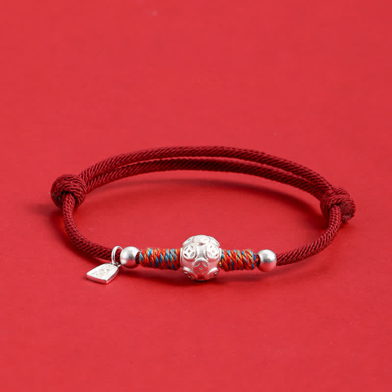 Buddha Stones 999 Sterling Silver Red String Protection Hand-Woven Bracelet - Silvery Chinese Coin Dark Red Cord - image 13