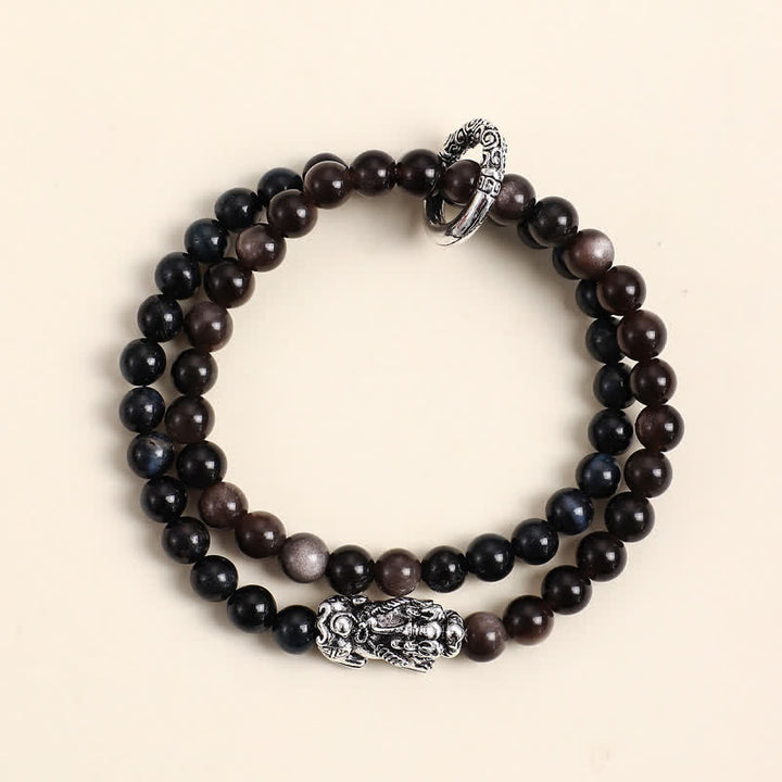 Buddha Stones Tiger Eye Silver Sheen Obsidian Pi Xiu Double Wrap Auspicioisness Bracelet - Blue Tiger Eye Silvery Pi Xiu - image 9