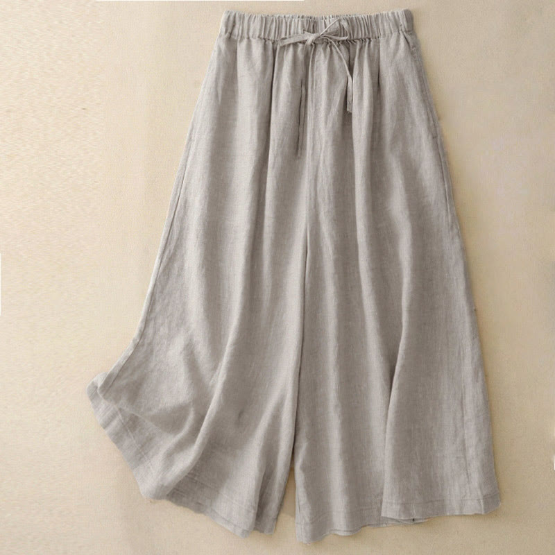 Buddha Stones Summer Elastic Waist Women's Capri Cropped Wide Leg Pants With Pockets - Linen - US14，UK/AU18，EU46 (3XL) - image 16
