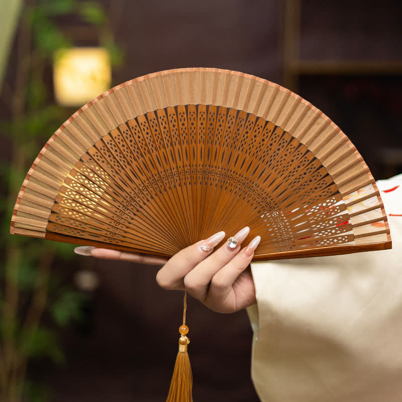 Buddha Stones Inspired Hollow Carved Bamboo Tassel Simple Folding Fan - Brown(Complimentary Tassel) - image 0