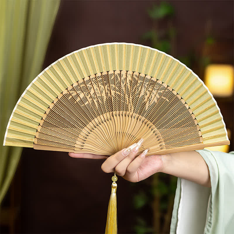 Buddha Stones Bamboo Hollow-Carved Famous Spots Landscapes Animals Tassel Folding Fan - Bamboo(Complimentary Tassel) - image 6