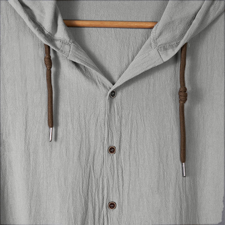 Buddha Stones Solid Color Long Sleeve Hooded Drawstring Buttons Men's Shirt - image 12