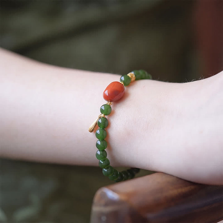 Buddha Stones Spinach Green Hetian Jade Red Agate Luck Bracelet - image 4