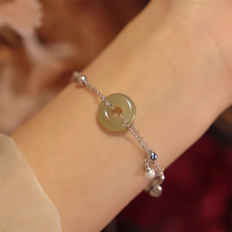 Buddha Stones Hetian Jade Peace Buckle 925 Sterling Silver Luck Bracelet - image 2