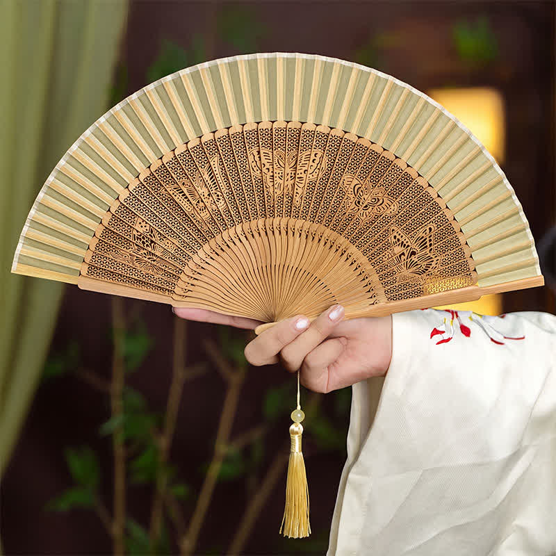 Buddha Stones Vintage Hollow Carved Bamboo Butterfly Fan of Transformation - Fluttering Butterflies - image 2