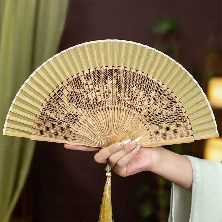 Buddha Stones Vintage Hollow Carved Bamboo Butterfly Fan of Transformation - Plum Blossom - image 1
