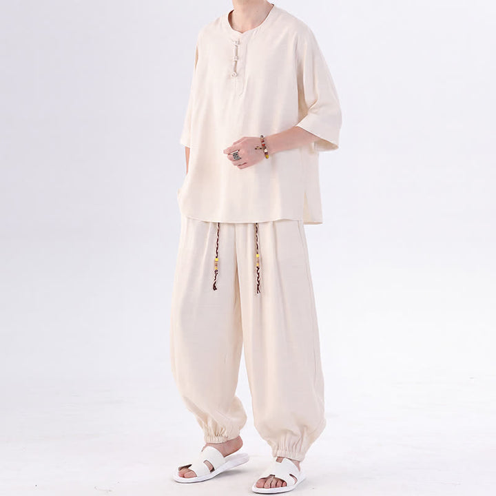 Buddha Stones Spring Summer Tang Style Frog Button Solid Elbow-Length Sleeve Shirt Pants Men's Meditation Cloth With Pocket - image 3