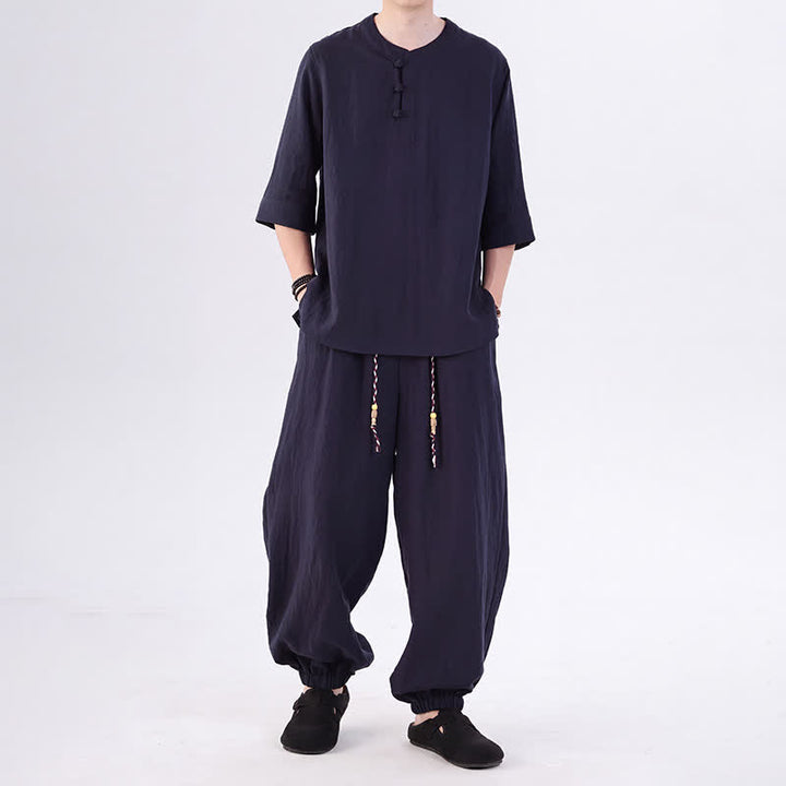 Buddha Stones Spring Summer Tang Style Frog Button Solid Elbow-Length Sleeve Shirt Pants Men's Meditation Cloth With Pocket - MidnightBlue - US/UK/AU46，EU56 (5XL) - image 40