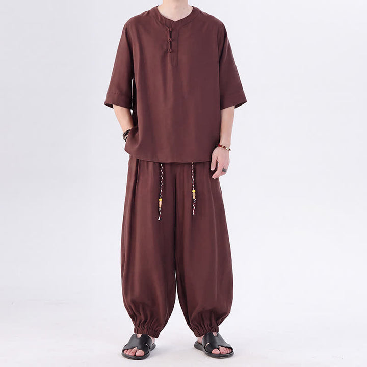 Buddha Stones Spring Summer Tang Style Frog Button Solid Elbow-Length Sleeve Shirt Pants Men's Meditation Cloth With Pocket - image 36