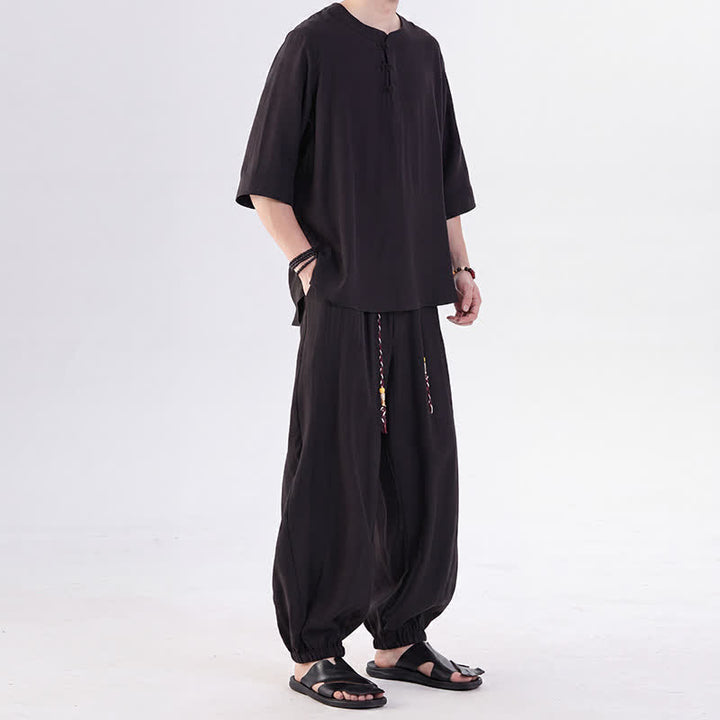Buddha Stones Spring Summer Tang Style Frog Button Solid Elbow-Length Sleeve Shirt Pants Men's Meditation Cloth With Pocket - image 29