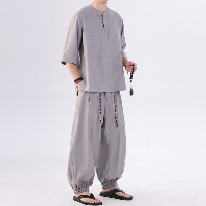 Buddha Stones Spring Summer Tang Style Frog Button Solid Elbow-Length Sleeve Shirt Pants Men's Meditation Cloth With Pocket - image 13