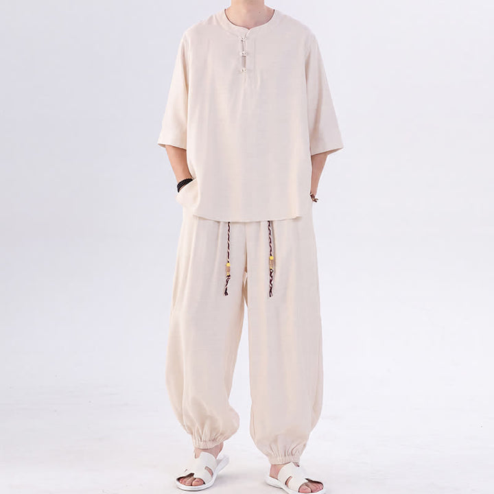 Buddha Stones Spring Summer Tang Style Frog Button Solid Elbow-Length Sleeve Shirt Pants Men's Meditation Cloth With Pocket - image 4
